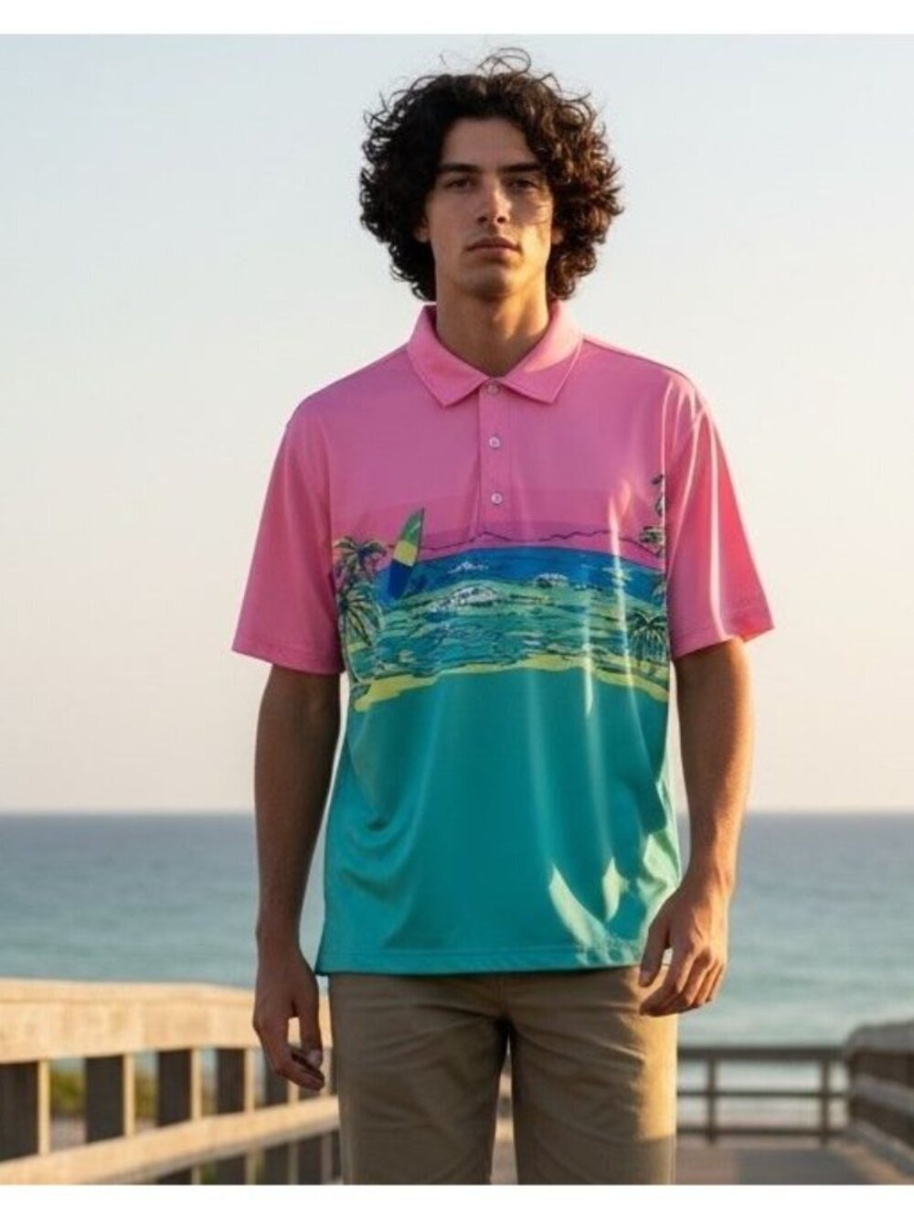 Chubbies Mens Windsurfing Beach All Over Print Polo Performance Shirt Medium